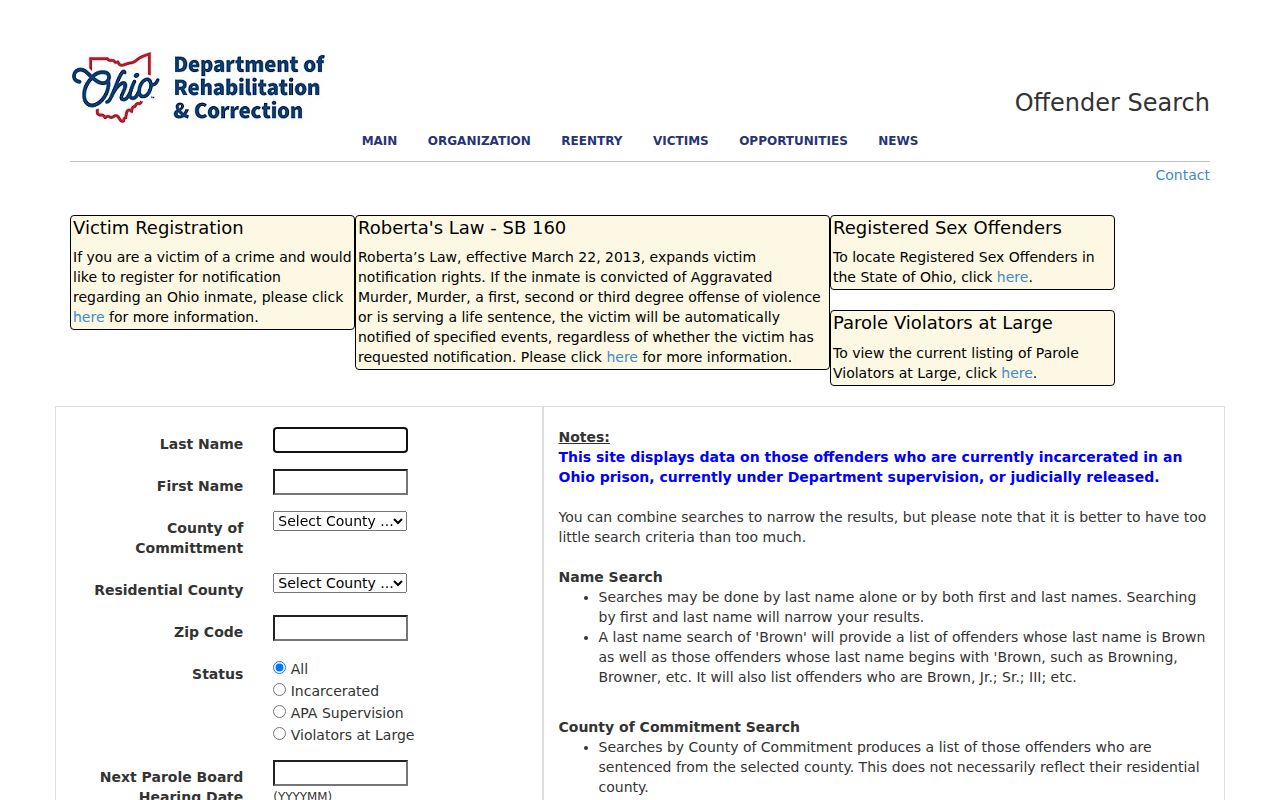 Summit County residents directory Ohio DRC offender-search interface