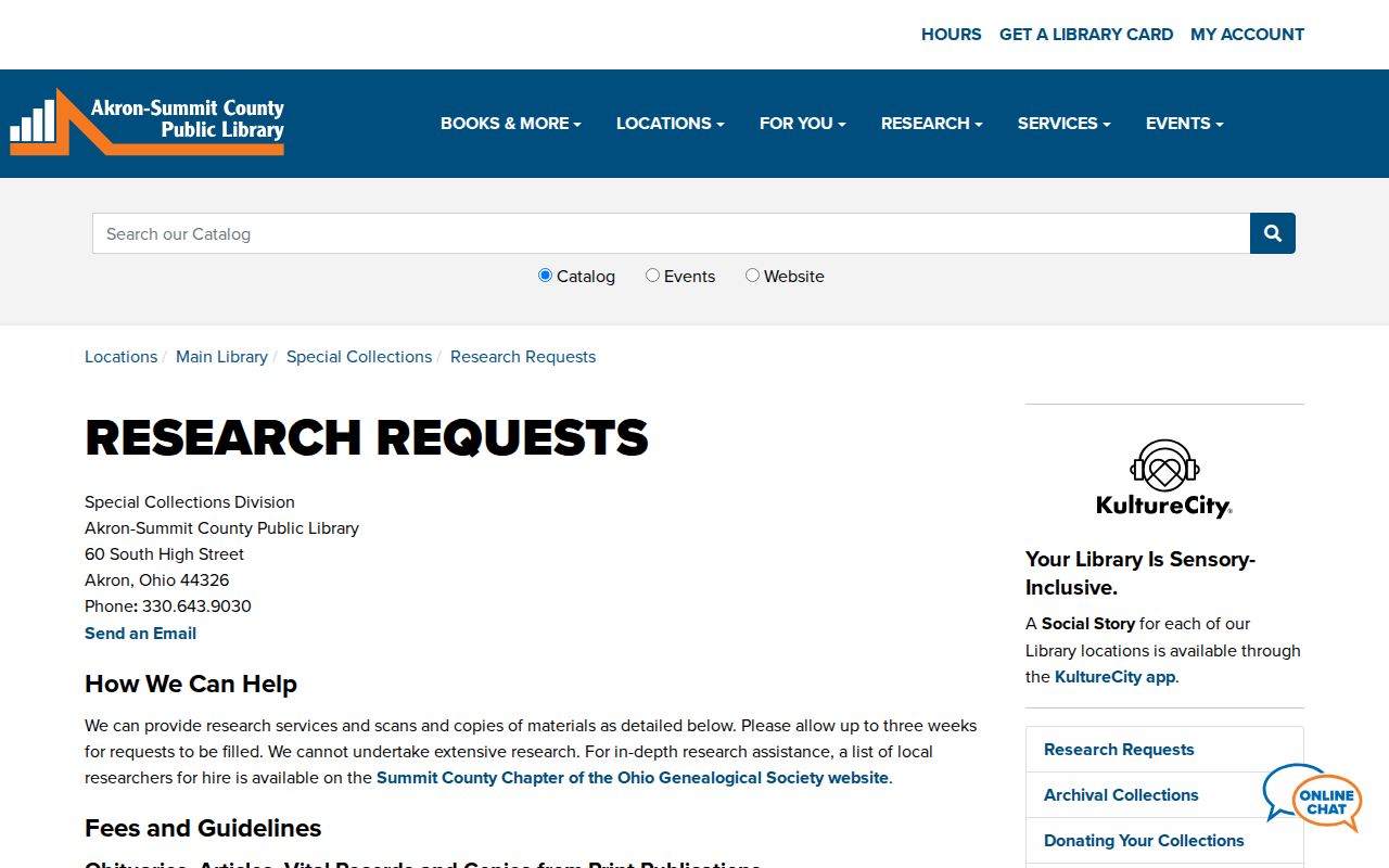 Akron-Summit County Public Library Special Collections research request information