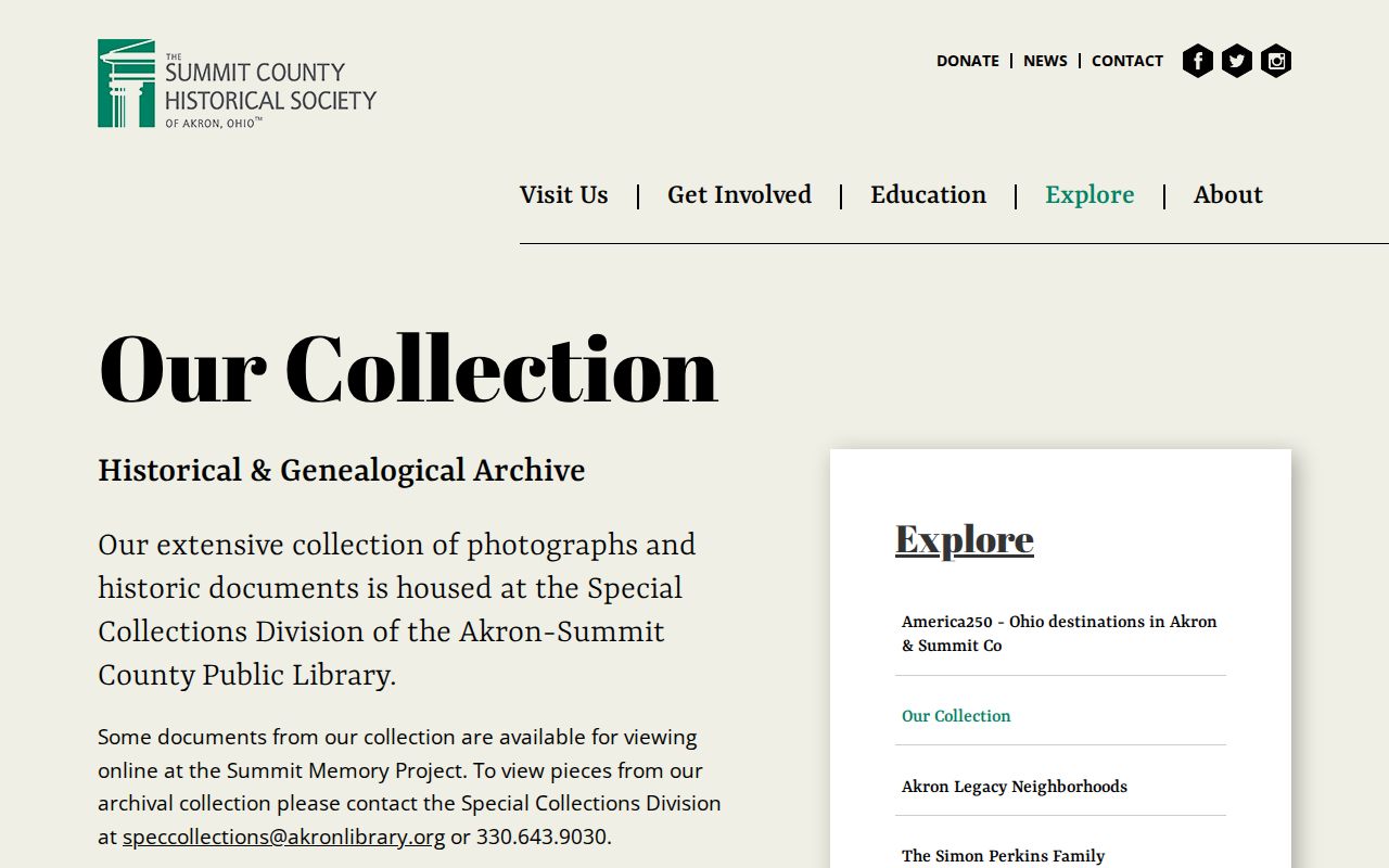 Summit County Historical Society collection page directing researchers to Special Collections