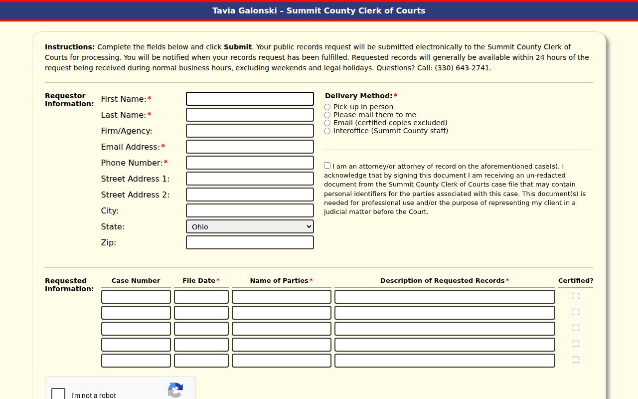 Summit County resident lookup Clerk public-records request screen